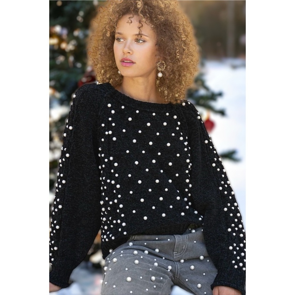 POL Pearl Beaded Black Velvet Chenille Sweater Relaxed Fit - Picture 13 of 13
